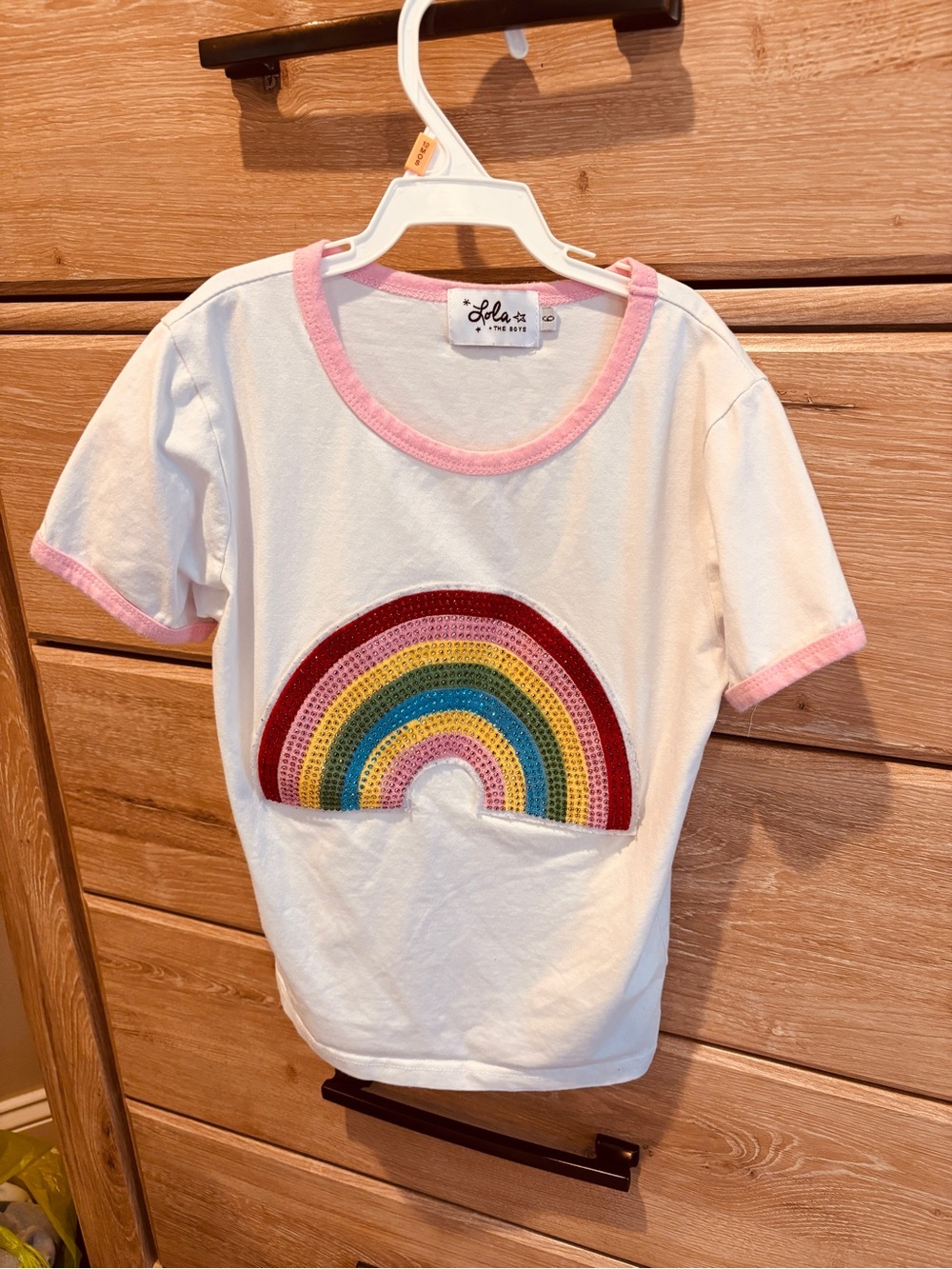 Lola + The Boys White Tee with Pink Trim & Crocheted Rainbow